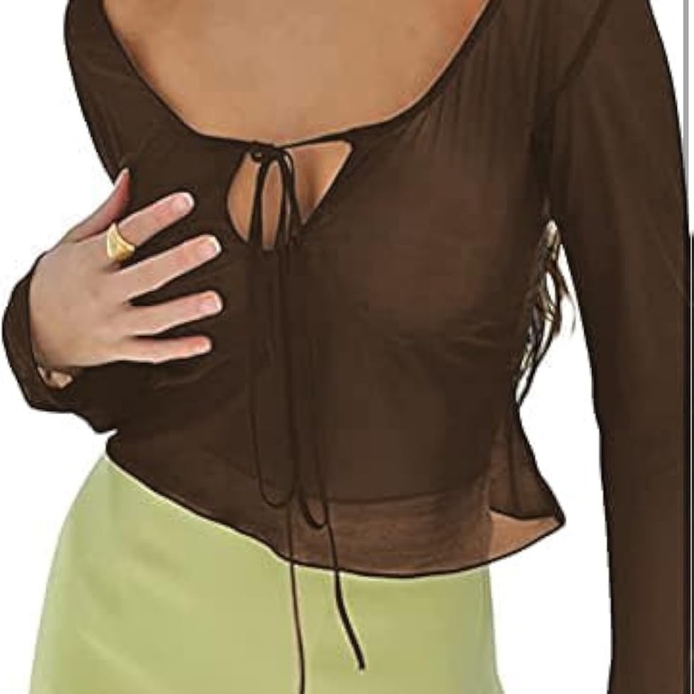 Sheer Sexy Tie-Front Brown Long-Sleeve Square Neck Mesh Crop Top
